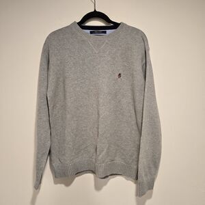 Vintage TOMMY HILFIGER Lion Crest Sweater MENS LARGE GRAY Crew Neck Cotton Prep